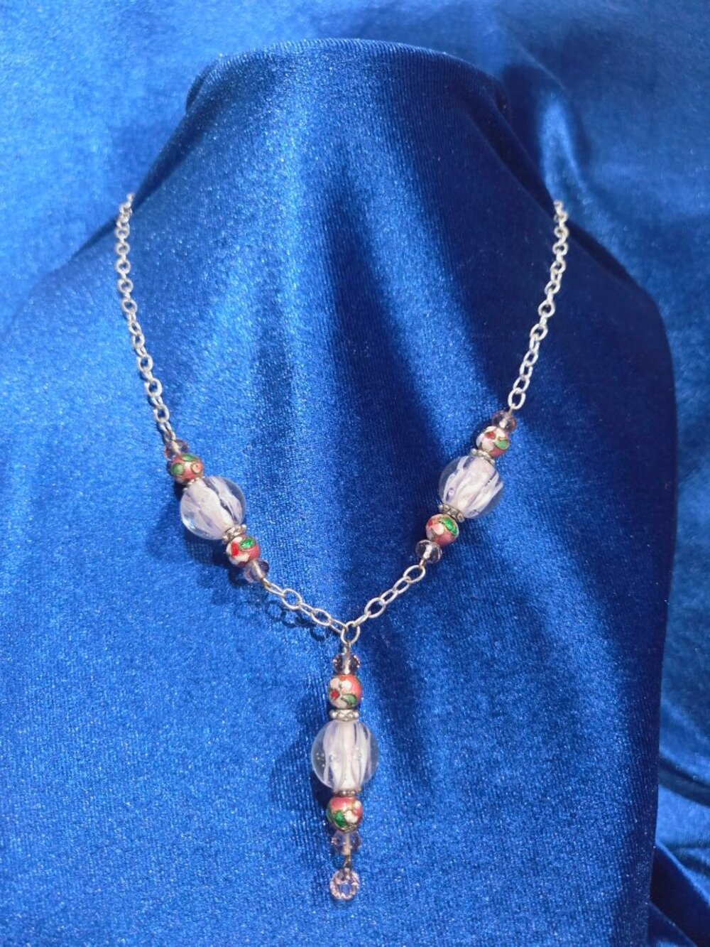 Silver Tone Chain Necklace with Glass & Cloisonné Beads